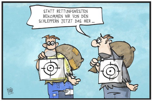 Cartoon: Zielscheibe Flüchtling (medium) by Kostas Koufogiorgos tagged karikatur,koufogiorgos,illustration,cartoon,schlepper,schusslinie,zielscheibe,rettungsweste,flüchtlinge,asyl,europa,karikatur,koufogiorgos,illustration,cartoon,schlepper,schusslinie,zielscheibe,rettungsweste,flüchtlinge,asyl,europa