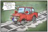 Cartoon: Bahnstreik (small) by Kostas Koufogiorgos tagged karikatur,koufogiorgos,illustration,cartoon,bahn,streik,gdl,gerwerkschaft,arbeitskampf,auto,schienen,verkehr,transportmittel,reisender