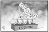 Cartoon: Bankfusion (small) by Kostas Koufogiorgos tagged karikatur,koufogiorgos,illustration,cartoon,bank,fusion,commerzbank,deutsche,kartenhaus,geldhaus,wirtschaft,einsturz,scheitern