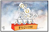 Cartoon: Bankenfusion (small) by Kostas Koufogiorgos tagged karikatur,koufogiorgos,illustration,cartoon,bank,fusion,commerzbank,deutsche,kartenhaus,geldhaus,wirtschaft,einsturz,scheitern