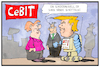 Cartoon: CeBIT (small) by Kostas Koufogiorgos tagged karikatur,koufogiorgos,illustration,cartoon,cebit,technik,messe,hannover,trump,modell,hände,schütteln,merkel,wirtschaft