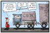 Cartoon: CETA (small) by Kostas Koufogiorgos tagged karikatur,koufogiorgos,illustration,cartoon,ceta,bvg,bundesverfassungsgericht,richter,ttip,freihandelsabkommen,auto,anhänger,urteil,bedingung,auflage,kanada,eu,klage