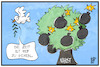 Cartoon: Der Nahost-Konflikt eskaliert (small) by Kostas Koufogiorgos tagged karikatur,koufogiorgos,illustration,cartoon,nahost,konflikt,friedenstaube,baum,früchte,bombe,eskalation