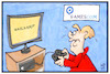 Cartoon: Gamescom (small) by Kostas Koufogiorgos tagged karikatur,koufogiorgos,illustration,cartoon,gamescom,merkel,wahlkampf,videospiel,messe,computer,neuland