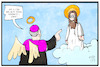 Cartoon: Kardinal Meisner (small) by Kostas Koufogiorgos tagged karikatur,koufogiorgos,illustration,cartoon,meisner,kardinal,jesus,christus,kirche,religion,katholisch,konservativ,ehe,unehelich,maria,josef,wolke,himmel,paradies,tod,engel