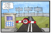 Cartoon: Maut für Ausländer (small) by Kostas Koufogiorgos tagged karikatur,koufogiorgos,illustration,cartoon,auslaender,bayern,csu,maut,strasse,verkehr,ausland,grenze,schranke,geld,oesterreich,slowakei,ungarn