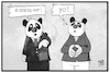 Cartoon: Panda-Politik (small) by Kostas Koufogiorgos tagged karikatur,koufogiorgos,illustration,cartoon,xi,merkel,panda,cro,maske,zoo,berlin,schätzchen,träumchen,bilateral,china,deutschland,politik,business,rap,musik