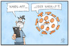 Cartoon: Start der Corona-App (small) by Kostas Koufogiorgos tagged karikatur,illustration,cartoon,koufogiorgos,corona,app,virus,pandemie,smartphone,sicherheit,welle,krankheit,digital,handy