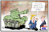 Cartoon: Strafzölle und Aufrüstung (small) by Kostas Koufogiorgos tagged karikatur,koufogiorgos,illustration,cartoon,zoll,strafzoelle,eu,usa,rüstungsgüter,stahl,nato,panzer,trump,europa,handel,handelskrieg,wirtschaft