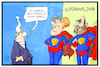 Cartoon: Superwahljahr (small) by Kostas Koufogiorgos tagged karikatur,koufogiorgos,illustration,cartoon,superwahljahr,supermann,michel,merkel,schulz,verkleidung,karneval,landtagswahl,saarland