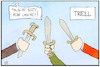 Cartoon: TV-Triell (small) by Kostas Koufogiorgos tagged karikatur,koufogiorgos,illustration,cartoon,triell,schwert,degen,laschet,scholz,baerbock