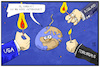 Cartoon: Welt in Gefahr (small) by Kostas Koufogiorgos tagged karikatur,koufogiorgos,illustration,cartoon,welt,globus,ostern,osterkerze,is,terrosismus,usa,russland,zündeln,feuer,bombe