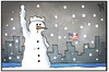 Cartoon: Winter in den USA (small) by Kostas Koufogiorgos tagged karikatur,koufogiorgos,illustration,cartoon,blizzard,schnee,sturm,schneemann,freiheitsstatue,winter,wetter,usa,klima