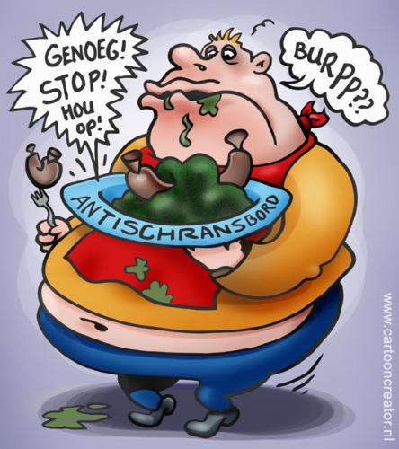Cartoon: Anti fat food plate (medium) by illustrator tagged satire,food,plate,schrans,warning,eater,fat,big,burp,belly,wurst,stop,arret,halt,cartoon,comic,illustration,peter,welleman