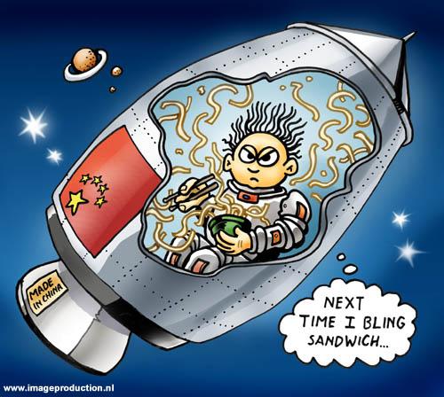 Cartoon: China in Space (medium) by illustrator tagged space,comic,cartoon,character,china,chinese,guy,noodles,problem,rocket,nudeln,rakete,,raumschiff,rakete,raumshuttle,astronaut,china,sprache,kultur,raumfahrt,weltall,weltraum,universum,akzent,nudeln,kultur,chinapfanne,essen,nahrung,lebensmittel,schwerkraft,schwerelos,sandwich