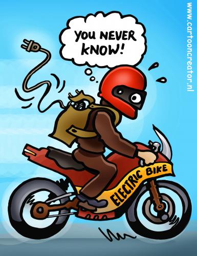 Cartoon: electric bike (medium) by illustrator tagged motor,bike,cyclist,engine,electric,plug,doubt,speed,chopper,technology,green,fast,wheels,sport,illustrator,cartoon,editorial,comic,peter,welleman,gag,cord,driving,ride,riding