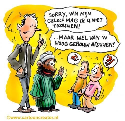 Cartoon: Gay marriage (medium) by illustrator tagged gay,marriage,religion,islam,homo,queer,issue,relationship,friends,muslim,illustration,cartoon,gag,satire,joke,trouwen,flat,heirat,gebouw