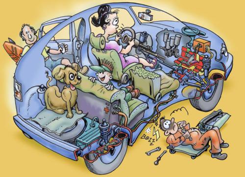 Cartoon: Hybride car (medium) by illustrator tagged car,hybride,hybrid,cutaway,people,driver,mechanic,prius,cartoon,welleman,,hybrid,motor,illustration,schnittzeichnung,ausschnitt,mechanik,mechaniker,auto,fahrzeug,aufbau