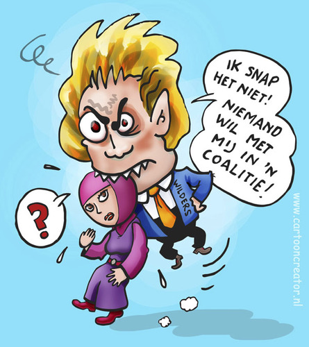 Cartoon: Mad Dutch member of parliament (medium) by illustrator tagged coalition,wilders,radical,muslim,girl,head,scarf,teeth,mad,agressive,politics,parliament