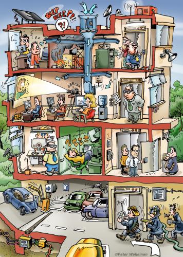 Cartoon: office (medium) by illustrator tagged firmensitz,office,amt,büro,cutaway,workers,working,parkplatz,parking,structure,feuerwehr,fire,illustration,cartoon,welleman,,illustration,arbeit,büro,arbeiter,angestellter,infografik,gebäude,etagen,raum,architektur,struktur,firma,problem,feuer,gefahr