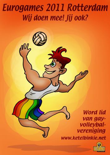 Cartoon: poster volleybal (medium) by illustrator tagged poster,ketelbinkie,design,advert,advertisement,promotion,gay,queer,sport,adfiche,commercial,rainbow,jump,setup,serve,peter,cartoon,illustration,cartoonist,illustrator