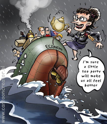 Cartoon: Sinking US economy and Tea Party (medium) by illustrator tagged tea,party,sarah,palin,economy,us,usa,sinking,ship,sea,ocean,storm,tempest,conservative,populist,movement,republican,right,wing,wirtschaft,schiff,mer,dark,dunkel,sturm