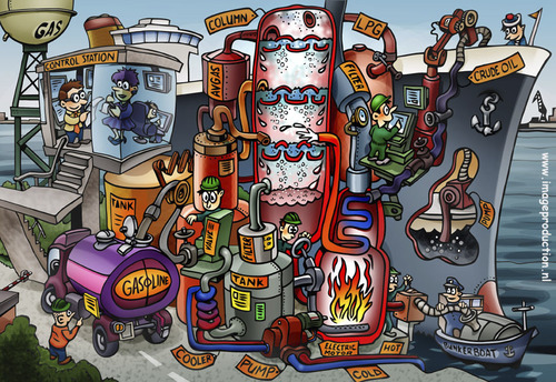 Cartoon: Tanker in port near the refinery (medium) by illustrator tagged refinery,oil,tanker,column,avgas,gasoline,gas,pipes,industry,cooler,filter,bunker,ship,port,harbor,truck,control,station,lpg,petrol,chimney