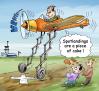 Cartoon: Easy spot landing (small) by illustrator tagged landing,plane,air,pilot,crazy,precise,gear,wheels,strip,runway,cartoon,peter,welleman,cartoonist,illustration,illustrator,joke,gag,editorial,tower,suprise,trick