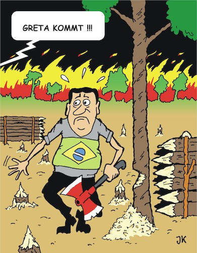 Cartoon: Abholzonaro (medium) by JotKa tagged bolsonaro,brasilien,greta,regenwald,klima,sauerstoff,erden,abholzungen,brandrodungen,konsum,soja,palmöl,rinderzucht,verbraucher,natur,umwelt,bolsonaro,brasilien,greta,regenwald,klima,sauerstoff,erden,abholzungen,brandrodungen,konsum,soja,palmöl,rinderzucht,verbraucher,natur,umwelt