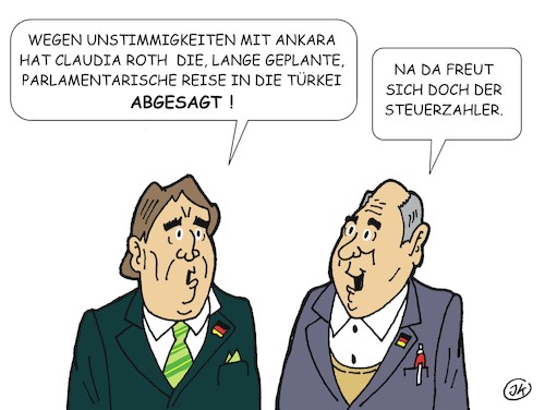 Cartoon: Absage (medium) by JotKa tagged berlin,ankara,deutschland,türkei,roth,claudia,dienstreisen,parlamentarier,parlament,bundestag,partein,politiker,steuern,steuerzahler,lustreisen,reisekosten,unstimmigkeiten,berlin,ankara,deutschland,türkei,roth,claudia,dienstreisen,parlamentarier,parlament,bundestag,partein,politiker,steuern,steuerzahler,lustreisen,reisekosten,unstimmigkeiten