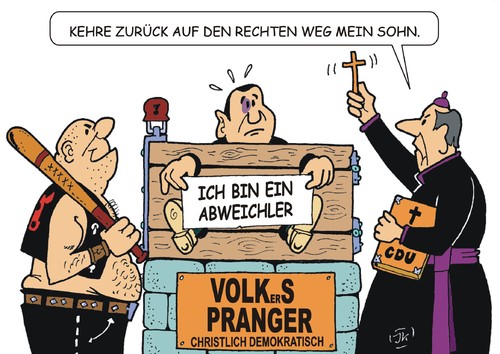 Cartoon: Abweichler (medium) by JotKa tagged griechenland,griechenlandkrise,euro,drachme,iwf,ezb,politik,schulden,rettungsschirm,grexit,reformen,instutionen,banken,gläubiger,bürgschaften,paris,athen,berlin,merkel,kauder,volker,tsipras,referendum,ela,efse,fsm,hilfspaket,schuldenschnitt,kompromiss,bundestag,parlamentarier,rettungspaket,überbrückungskredit,abstimmung,mehrheiten,union,fraktion,fraktionszwang,ausschüsse,abweichler,pranger,christlich,demokratisch,milliardenhilfen,kirche,griechenland,griechenlandkrise,euro,drachme,iwf,ezb,politik,schulden,rettungsschirm,grexit,reformen,instutionen,banken,gläubiger,bürgschaften,paris,athen,berlin,merkel,kauder,volker,tsipras,referendum,ela,efse,fsm,hilfspaket,schuldenschnitt,kompromiss,bundestag,parlamentarier,rettungspaket,überbrückungskredit,abstimmung,mehrheiten,union,fraktion,fraktionszwang,ausschüsse,abweichler,pranger,christlich,demokratisch,milliardenhilfen,kirche