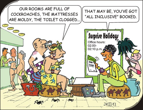 Cartoon: All inclusive (medium) by JotKa tagged all,inclusive,travelling,leisure,holiday,low,budget,hotel,touroperator,tourguide,surprise,air,money