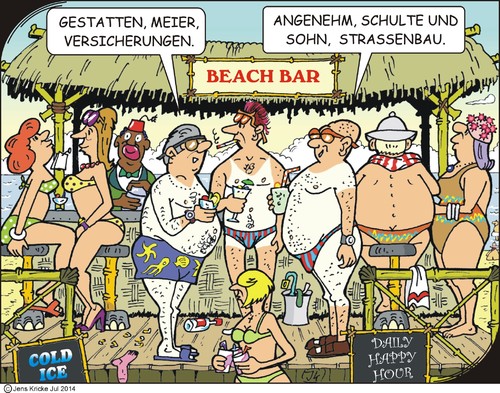 Cartoon: An der Strandbar (medium) by JotKa tagged strandbar,urlaub,sonne,meer,sand,schwimmen,baden,erholung,urlaubsreise,happyhour,eis,sonnenbräune,blass,versicherungen,straßenbau,elefantenfüße,bademode,socken,badekappe,bikini,beach,vacation,sun,sea,swimming,bathing,relaxing,holiday,travel,happy,hour,ice,suntan,pale,insurance,road,construction,elephant,feet,socks,swimwear,cap
