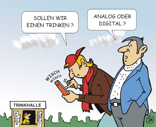 Cartoon: Analog oder Digital (medium) by JotKa tagged analog,digitale,smartphone,männer,trinkhalle,lifestyle,trinken,internet,social,media,freizeit,analog,digitale,smartphone,männer,trinkhalle,lifestyle,trinken,internet,social,media,freizeit