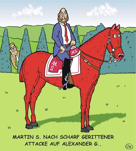 Cartoon: Attacke (medium) by JotKa tagged pferde,ross,reiter,attacke,politiker,politik,bundestag,schulz,gauland,spd,afd,pferde,ross,reiter,attacke,politiker,politik,bundestag,schulz,gauland,spd,afd