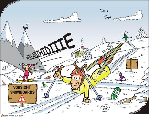 Cartoon: Auf der Piste (medium) by JotKa tagged piste,skipiste,wintersport,skifahren,snowboard,snowboardfahren,langlauf,loipe,unfall,urlaub,winterurlaub,skiurlaub,winter,schnee,eis,lifestyle,freestyle,alkohol,berge,leichtsinn