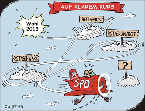 Cartoon: Auf klarem Kurs (medium) by JotKa tagged spd,bundestagswahl,koalition,sondierung,sondierungsgespräche,parteitag,leipzig,gabriel,nahles,weil,sozies,sozialisten,merkel,seehofer,cdu,csu,linke,grüne,kursrichtung,parteimitglieder,mitgliederbefragung