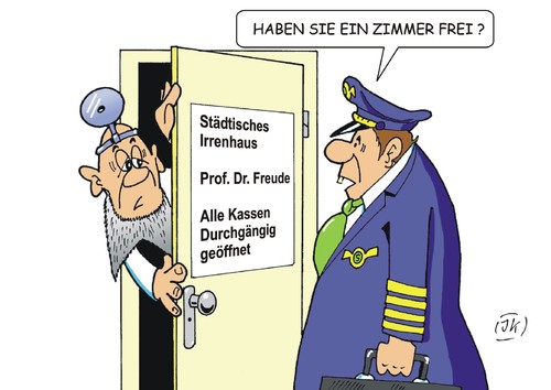 Cartoon: Auf Zimmersuche (medium) by JotKa tagged transport,verkehr,luftfahrt,piloten,copiloten,ärzte,psychiater,psychologen,phsychologie,irrenhaus,patienten,krankenkasse,krankheit,stress,burnout,flugzeug,anstalt