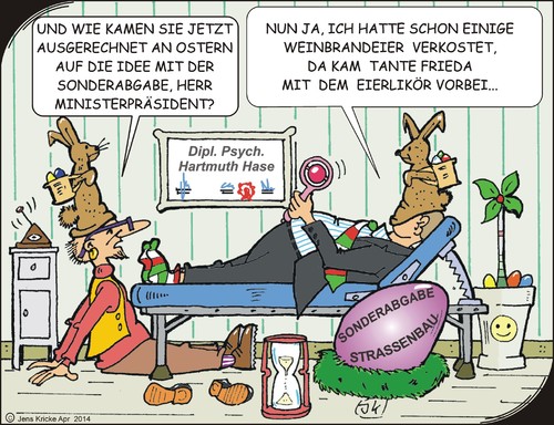 Cartoon: Autofahrersonderabgabe (medium) by JotKa tagged benutzungsgebühr,mautpflicht,maut,pkw,lkw,autobahn,kreisstrasse,landstrasse,bundesstrasse,kfz,autofahrer,auto,sonderabgabe,mineralölsteuer,ökosteuer,mehrwertsteuer,versicherungssteuer,kfzsteuer,bundesautobahn,abgabe,einnahmen,umlageverfahren,ostern,ostereier,osternest,eierlikör,osterhase,psychologe,psychologie,eier,ei