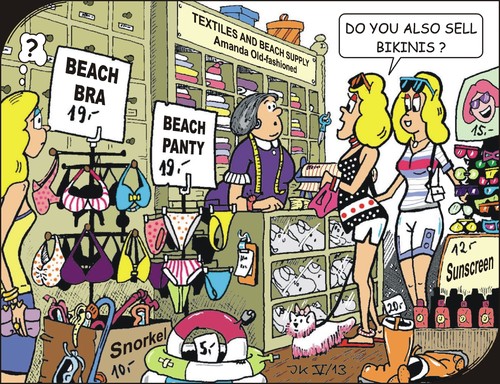 Cartoon: Beach fashion (medium) by JotKa tagged beach,bikini,leisure,holiday,sun,sea,sunburn,old,fashioned,sale,snorkel,fashion,country,life,girls