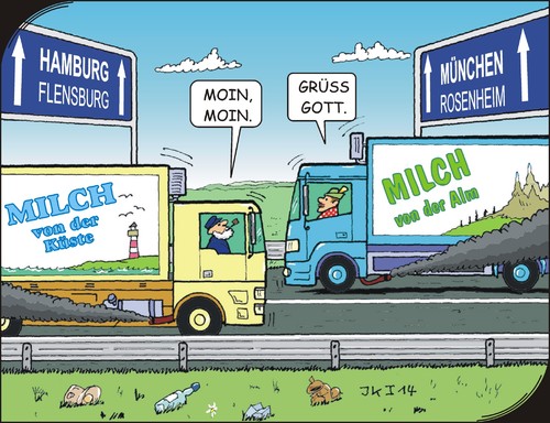 Cartoon: Begegnungen (medium) by JotKa tagged milch,käse,butter,molkerei,milchprodukte,transportwesen,transporte,lkw,autobahn,mautgebühren,bayer,norddeutschland,norddeutsch,süddeutschland,süddeutsch,co2,immissionen,umweltschutz,öl,ölpreis,verbraucher,lokales,lokale,produkte,umweltklima,klimaschutz,globalisierung,öku,abgase,kunden,handel,großhandel,einzelhandel,hamburg,münchen,flensburg,rosenheim,moin,jotka,leuchturm,alm,marsch,see,meer,berge,alpen,kühe,küste