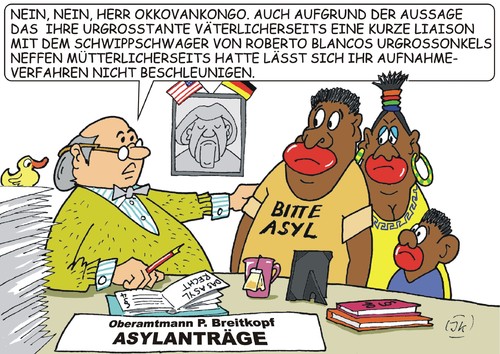 Cartoon: Beschleunigtes Asylverfahren (medium) by JotKa tagged asylanten,flüchtlinge,wirtschaftsflüchtlinge,asyl,asylpolitik,einwanderung,einwanderungsgesetz,politik,parteien,politiker,asylantenheime,terror,drohung,ängste,angst,fremdenfeindlichkeit,flüchtlingsheime,zaun,abschiebung,seenot,usa,europa,afrika,mittelmeer,flüchtlingsströme,lager,erstaufnahme,experten,verwandschaft,roberto,blanco,onkel,tante,neffe,schwager