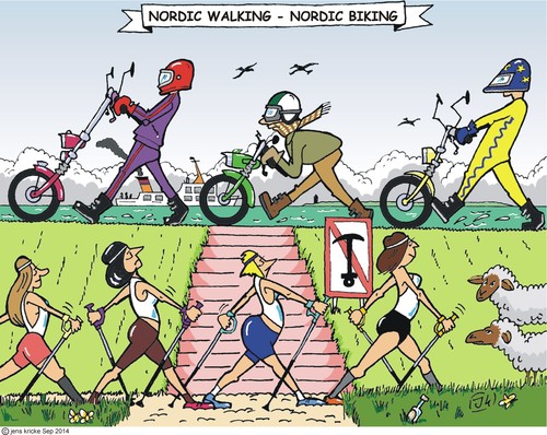 Cartoon: Biker und Walker (medium) by JotKa tagged küste,freizeitangebot,freizeit,urlaub,sand,sonne,meer,deich,nordsee,ausdauer,gesundheit,sportler,mode,lifestyle,motorradfahren,motorrad,wandern,laufen,cycling,biking,walking,nordic,insel,fähre,schiffe,anker