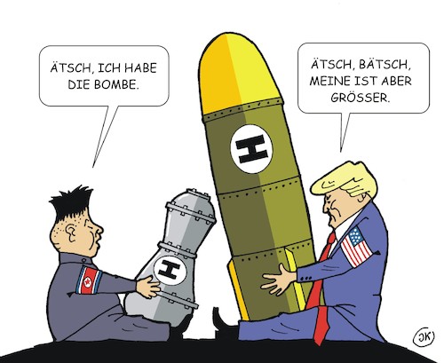 Cartoon: Bomben (medium) by JotKa tagged bomben,krieg,atombombe,wasserstoffbombe,korea,nordkorea,usa,trump,krise,eskalation,donald,president,militär,verhandlungen,diplomatie,bomben,krieg,atombombe,wasserstoffbombe,korea,nordkorea,usa,trump,krise,eskalation,donald,president,militär,verhandlungen,diplomatie