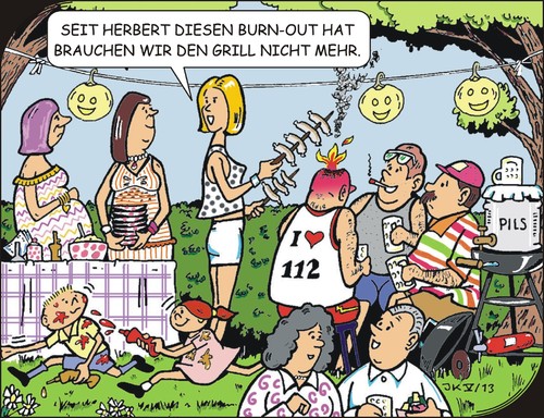 Cartoon: Burnout 2 (medium) by JotKa tagged burnout,männer,frauen,gesundheit,natur,party,gesellschaft,mann,frau,grillen,syndrome,ausgebranntsein,gartenparty,bier,würstchen,freunde,nachbarn,feiern,kinder,späße