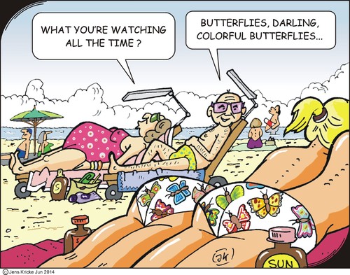 Cartoon: Butterflies (medium) by JotKa tagged butterflies,holiday,vacation,sun,beach,sea,swimming,girl,sunbathing,observations,color,life,recovery,suntan,oil,couple,marriage,deckchair,bikini,swimsuit,umbrella,sunscreen,lotion,towel,bath