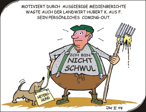 Cartoon: Coming-Out (medium) by JotKa tagged dünger,mistgabel,mist,presse,bekenntnisse,wagnisse,landwirtschaft,dackel,klatschpresse,regenbogenpresse,fernsehen,lesben,homo,schwul,regenbogen,frauen,männer,frau,mann,gleichgeschlechtlich,medienrummel,medien,heterosexualität,sexualität,comingout,outing