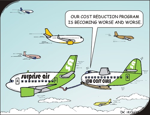 Cartoon: Cost savings (medium) by JotKa tagged cost,savings,business,economy,finances,management,low,flights,aircraft,pilots,travel,duty,leisure,vacations,surprise,air