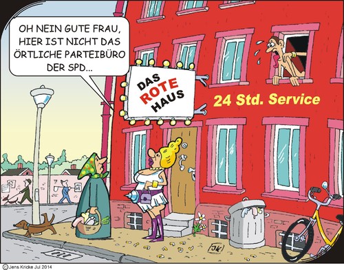 Cartoon: Das Rote Haus (medium) by JotKa tagged rot,haus,partei,parteien,parteibüro,parteimitglieder,parteimitgliedschaft,spd,ortsgruppe,bordell,freudenhaus,puff,dirne,prostituierte,freudenmädchen,freier,kunden,fahrrad,oma,frau,mann,erotik,liebe,liebesdienerinen,einkauf,einkaufskorb,wurst,knochen,hund,müll,mülltonne,service