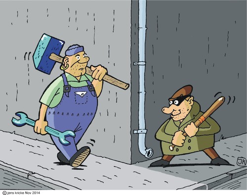 Cartoon: Der Hammer - The Hammer (medium) by JotKa tagged überfall,raubüberfall,gangster,verbrecher,baseballschläger,hammer,schraubenschlüssel,handwerker,diebe,polizei,schläger,maske,invasion,robbery,criminal,baseball,bat,wrench,craftsman,thieves,police,mask